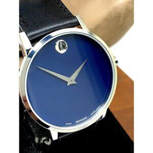 Movado Men's Watch 0607270 Museum Swiss Quartz Blue Dial Black Leather B…